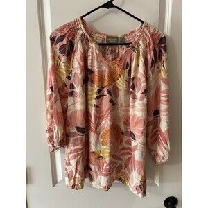 Denim & Co. Women's Size XL Coral Leaf Print Naturals Linen Blend Top